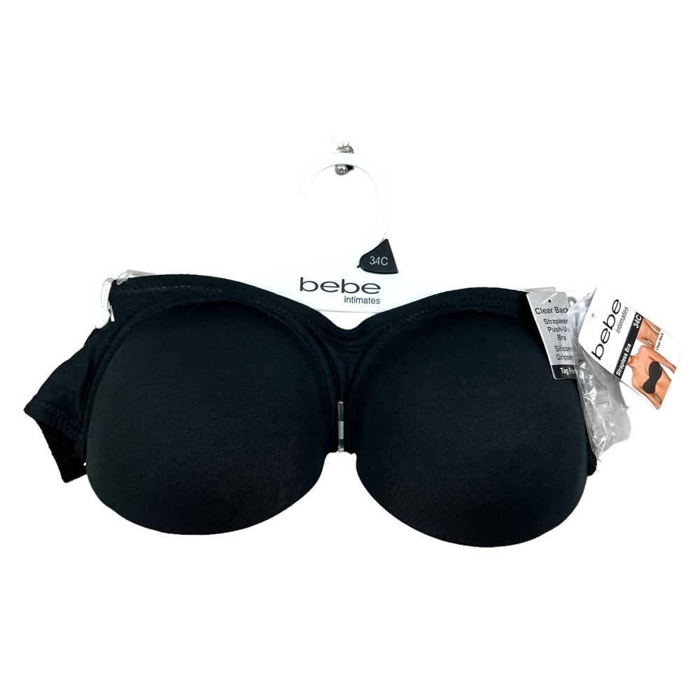 BEBE intimates Womens Strapless Bra Padded Pushup Clear Back Strap Black Sz 34C*